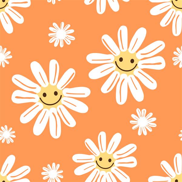 الگوی بدون درز با گل دیزی خندان در تصویر وکتور پس زمینه نارنجی کاغذ دیواری مثبت با دست زیبا
