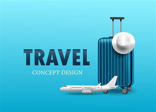 هواپیما جلو پارک شده بود یک کیف چمدان با کلاه سفید برای طراحی مفهومی سفر در بالا قرار داده شده است وکتور 3 بعدی در زمینه آبی برای تبلیغات تحریک کننده گردشگری قالب مجازی وکتور