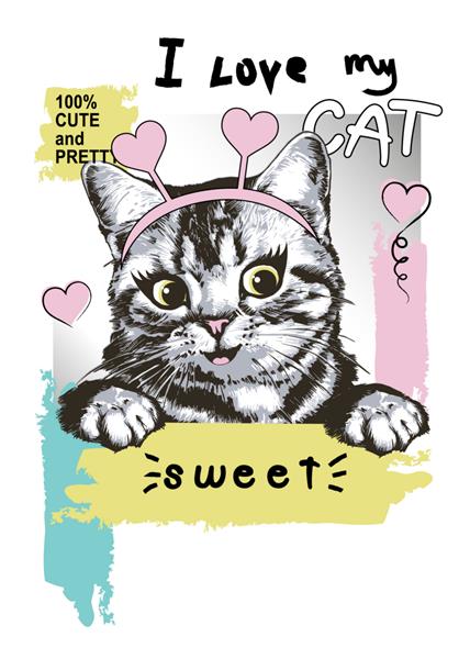 پرتره بچه گربه شاد با شعار چاپ بلوک رنگی برای تی شرت تصویر وکتور