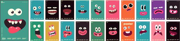 احساسات چهره های کارتونی هیولاهای خنده دار مجموعه مگا پوستر مجموعه بزرگی از تصاویر وکتور تصاویر پس زمینه ساده مناسب برای پوستر بنر چاپ تی شرت کاغذ دیواری دسکتاپ