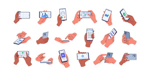 دست در دست گرفتن تلفن همراه مجموعه لمس کردن انگشتان ضربه زدن پیمایش صفحه نمایش گوشی های هوشمند استفاده از برنامه ها افرادی که با تلفن همراه کار می کنند تصاویر وکتور مسطح جدا شده در پس زمینه سفید
