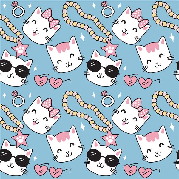 الگوی کارتونی ناز گربه گربه سفید گردنبند عینک قلبی شکل صورتی و حلقه الماس در زمینه آبی الگوی زیبای یکپارچه در یک دختر ابله گربه مد کودک طراحی وکتور برای مد
