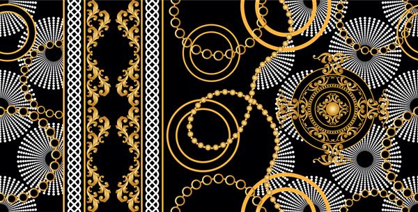 زنجیرهای طلایی بدون درز الگوی باروک روی مشکی طراحی وکتور برای چاپ های مد و پس زمینه