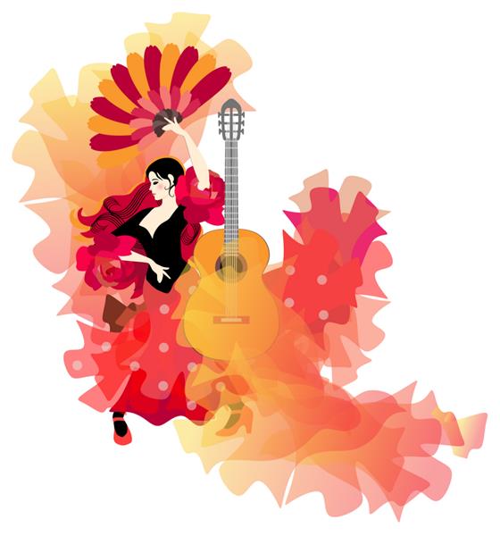 یک زن جذاب اسپانیایی با یک پنکه در دست در حال رقص فلامنکو است یک گیتار آکوستیک و دو مانتون شفاف کامل کننده تصویر است پوستر کنسرت کارت زیبا