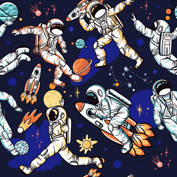 فضانوردان در فعالیت های ورزشی با سفینه های فضایی و سیارات الگوی بدون درز با تصاویر وکتور کشیده شده با دست با موضوع فضا