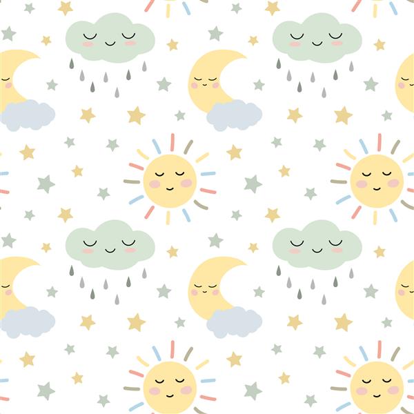 خورشید پاستلی زیبا بوهو ماه الگوی ابر بارانی جدا شده در پس زمینه سفید نقاشی دیواری طراحی مهد کودک پارچه کودک کاغذ قابل چاپ پارچه