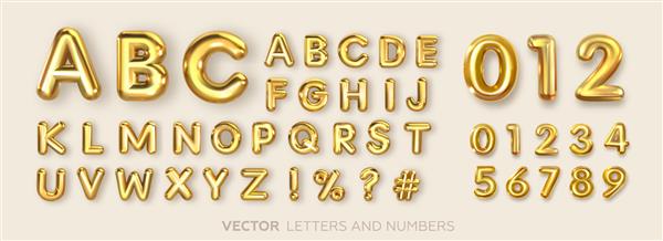 مجموعه ای از حروف و اعداد الفبای جدا شده از طلا حروف فلزی زرد طلایی فونت حروف الفبا نماد فویل 3 بعدی متالیک روشن تصویر وکتور واقعی