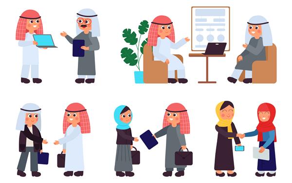 تاجران عرب کاراکترهای اداری عربی کار گروهی اسلامی جلسه مدیران منزوی زن مسلمان سعودی مردی که در صحنه‌های وکتور مناسب کار می‌کند