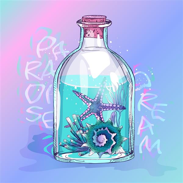 بطری شیشه ای آب با ستاره دریایی مرجان و صدف
