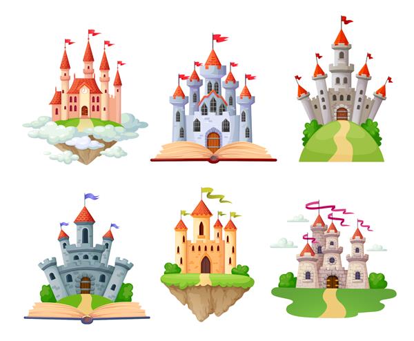 مجموعه قلعه های فانتزی کارتونی قلعه یا قصر جدا شده افسانه ای با برج وکتور قلعه یا قلعه قرون وسطایی ساختمان پادشاهی افسانه ای قلعه هایی با پرچم های روی کتاب ها یا ابرهای آسمان