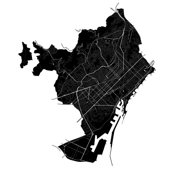 بارسلون اسپانیا نقشه وکتور با وضوح بالا با مرزهای شهر و مسیرهای قابل ویرایش نقشه شهر با مناطق سفید و خطوطی برای جاده های اصلی جاده های فرعی و مسیرهای آب روی سیاه ترسیم شده است