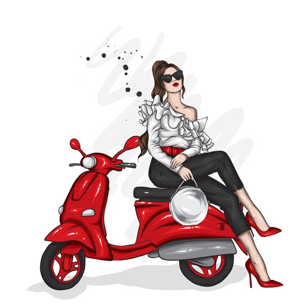 دختر زیبا و موتور سیکلت باحال دوچرخه سوار زن شیک پوش مد و استایل لباس و اکسسوری تصویر وکتور برای کارت یا پوستر