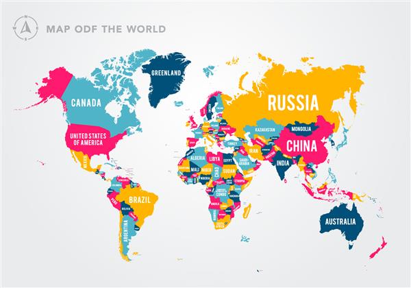 تصویر وکتور نقشه رنگارنگ جهان با نام کشورها