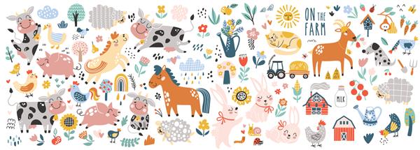 مجموعه ای جدا شده با حیوانات مزرعه زیبا به سبک کارتونی طراحی ایده آل بچه ها برای پارچه بسته بندی پارچه کاغذ دیواری پوشاک