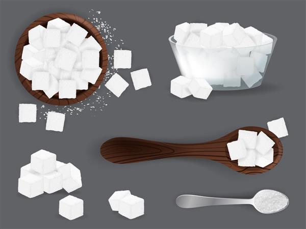 ست شکر سفید با توده ها و مکعب های واقعی شکر دانه سفید در نماهای قاشقی رویی و کناری مجموعه وکتور چاشنی فروکتوز شیرین