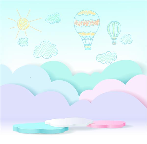 سکوی محصول سه بعدی پس زمینه رنگی پاستلی ابرها آب و هوا با فضای خالی برای بچه ها یا محصول کودک