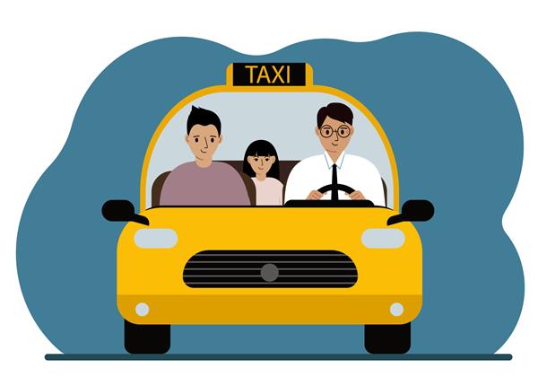 ماشین تاکسی زرد مردی با پیراهن و کراوات راننده تاکسی یک مسافر مرد و یک کودک را حمل می کند پیش زمینه وکتور تصویر مسطح