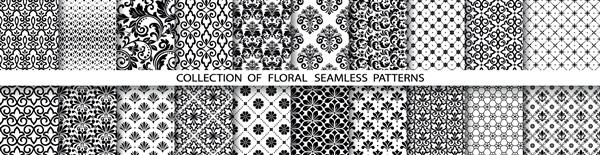 مجموعه ای گلدار هندسی از الگوهای بدون درز پس زمینه های وکتور سیاه و سفید تصاویر ساده