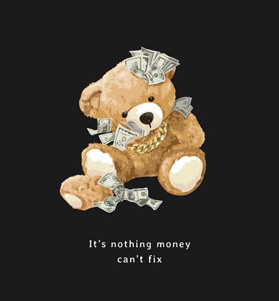 تصویر وکتور عروسک خرس پر شده با پول در پس زمینه مشکی