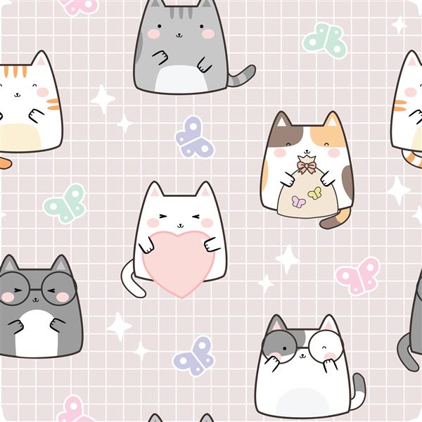 گربه‌های ناز Kawaii بدون درز با پروانه طراحی الگوی حیوانات کارتونی برای کتاب‌خوانی دکوراسیون کارت‌ها کالاهای کاغذی پس‌زمینه کاغذ دیواری بسته‌بندی پارچه و تمام پروژه‌های خلاقانه شما