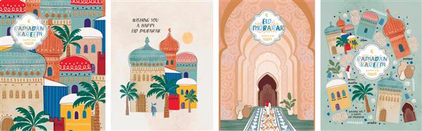 رمضان کریم عید شما مبارک تصاویر وکتور تعطیلات اسلامی معماری عربی مسجد الگو و پس زمینه برای پوستر تبریک یا کارت
