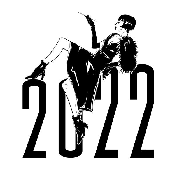 زن جوان شاد در سبک یکپارچهسازی با سیستمعامل لی در سال 2022 در پس زمینه سفید جشن سال نو پوشیدن لباس شیک زرق و برق در سبک آرت دکو تصویر طرح