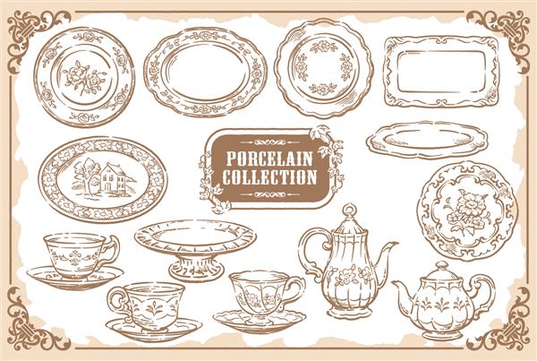 مجموعه ای از بشقاب های چینی قابلمه های چای و فنجان های چای ابزار قدیمی و شیرینی تصویر وکتور