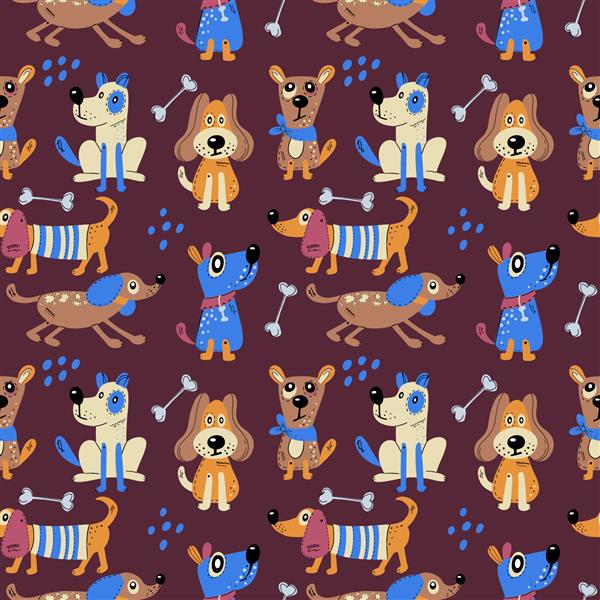 الگوی بدون درز با سگ های زیبا چاپ وکتور با حیوانات انتزاعی کارتونی به سبک اسکاندیناوی برای منسوجات پارچه کاغذ بسته بندی و کاغذ دیواری کودکان