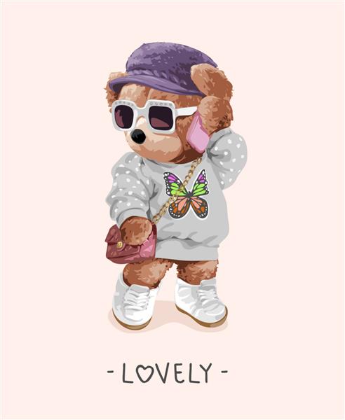 شعار دوست داشتنی با عروسک خرس در لباس پروانه و تصویر وکتور عینک آفتابی