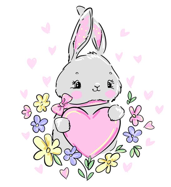 خرگوش با طرح چاپ تصویر وکتور اسم حیوان دست اموز زیبا و قلب صورتی چاپ کودکان روی تی شرت