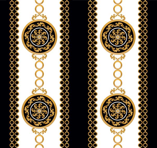 زنجیر طلایی بدون درز با الگوی باروک روی مشکی تصویر وکتور