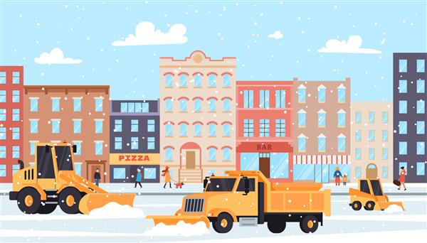 پس‌زمینه خیابان زمستانی با کامیون‌های برف‌روب در حال کار و برف‌کش‌ها تصویر وکتور کارتونی تخت ماشین برف روب برای نظافت جاده های زمستانی