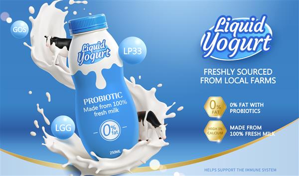 قالب تبلیغ نوشیدنی ماست مایع سه بعدی بنر تبلیغاتی محصول پروبیوتیک شیر ماکت بطری با پاشیدن شیر و اسباب بازی های مینیاتوری گاو در پس زمینه آبی