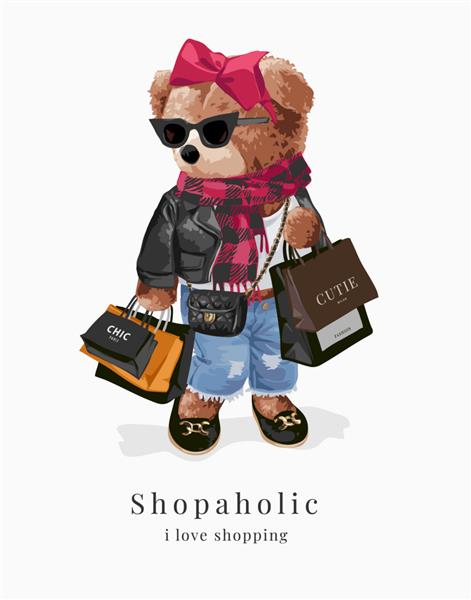 شعار shopaholic با تصویر وکتور عروسک خرس مد با کیف خرید