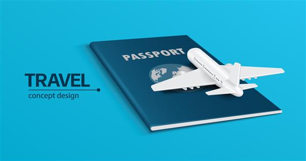 هواپیما روی یک پاسپورت آبی تیره پارک شده است و همه روی پس زمینه آبی برای ساخت رسانه تبلیغاتی در مورد سفر وکتور سه بعدی مجازی برای طراحی قرار گرفته است