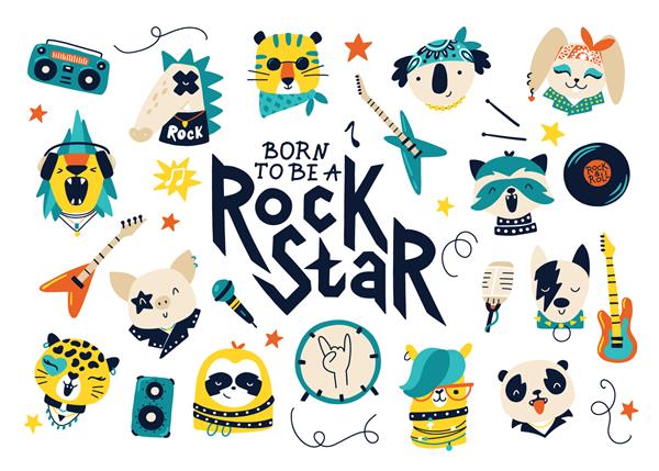 به دنیا آمد تا یک ستاره راک باشد مجموعه وکتور با شخصیت های حیوانات راک و تصاویر آلات موسیقی برای بچه ها کارتون های طراحی شده با دست به سبک ابله خنده دار برای چاپ روی لباس نوزاد پوستر