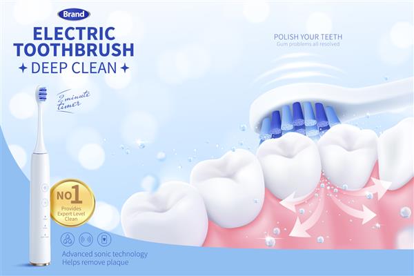 قالب تبلیغاتی مسواک الکترونیکی سه بعدی مسواک با لرزش قوی بین دندان ها را تمیز می کند مفهوم سلامت دهان و دندان