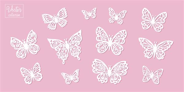 مجموعه ای از پروانه های وکتور سیلوئت های پروانه ها پروانه های گلدار شبح مجموعه وکتور قالب برای برش لیزری الگوی برش کاغذ