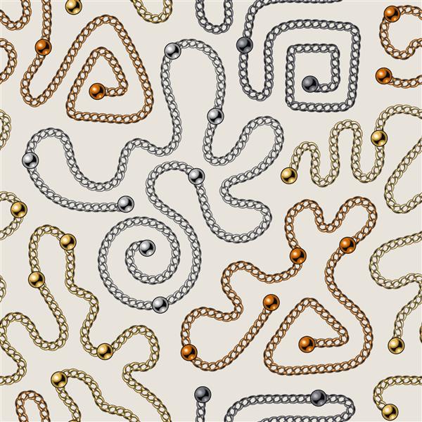 الگوی بدون درز با اشکال مختلف انتزاعی از زنجیر و مهره های فلزی براق در زمینه روشن رنگ های استیل طلایی نقره ای مشکی تصویر وکتور برای چاپ پارچه پارچه