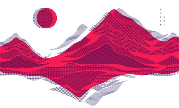 تصویر وکتور انتزاعی به سبک ژاپنی شرقی در رنگ قرمز پس‌زمینه به سبک سنتی آسیایی اشکال موج‌دار و زمین کوهستانی آب‌ریزش مانند خطوط دریا