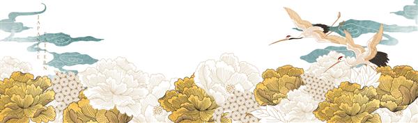 پس زمینه ژاپنی با وکتور بافت طلای گلدار گل صد تومانی تزئینات ابری چینی با موج دستی به سبک وینتیج المان پرندگان جرثقیل با طرح بنر انتزاعی هنری