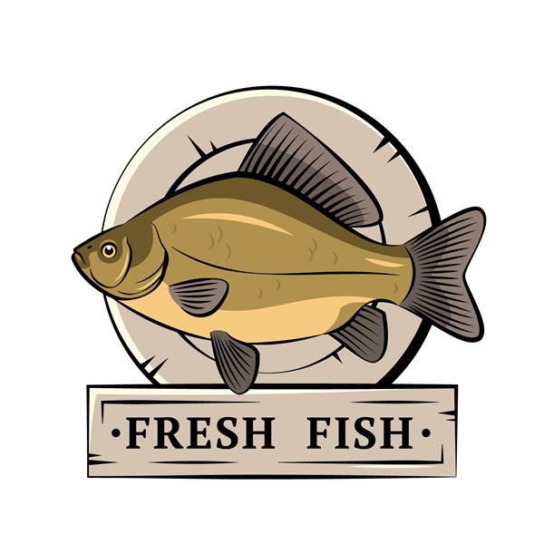 لوگوی دستی که ماهی تازه صید شده را نشان می دهد نشانی با ماهی کپور صلیبی که روی بشقاب خوابیده و نواری با نام فروشگاه تصویر سهام وکتور