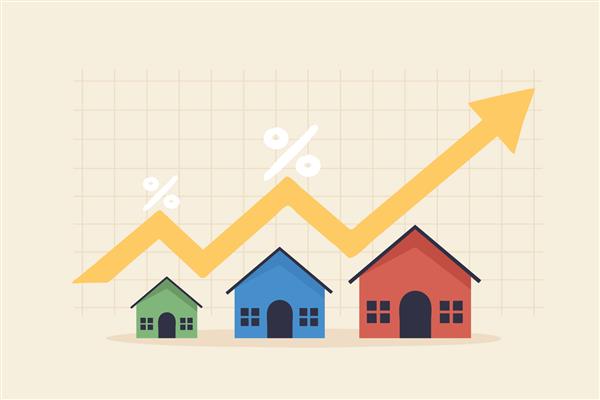 افزایش قیمت مسکن سرمایه گذاری در املاک یا مفهوم رشد ملک خانه با نمودار فلش