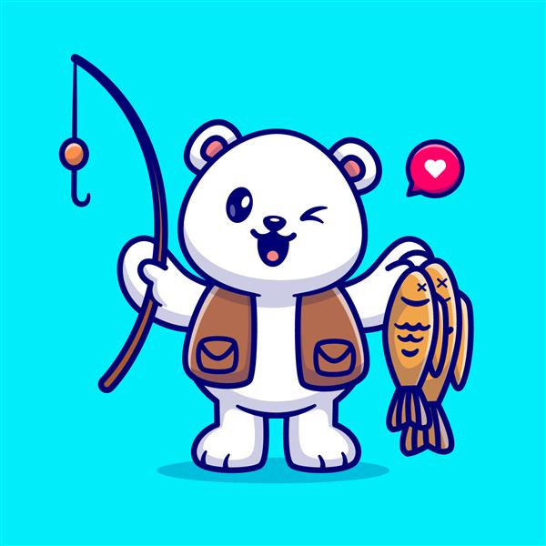 تصویر وکتور کارتونی کارتونی خرس قطبی زیبا با چوب ماهیگیری و ماهی مفهوم نماد طبیعت حیوانات وکتور ممتاز جدا شده سبک کارتونی تخت