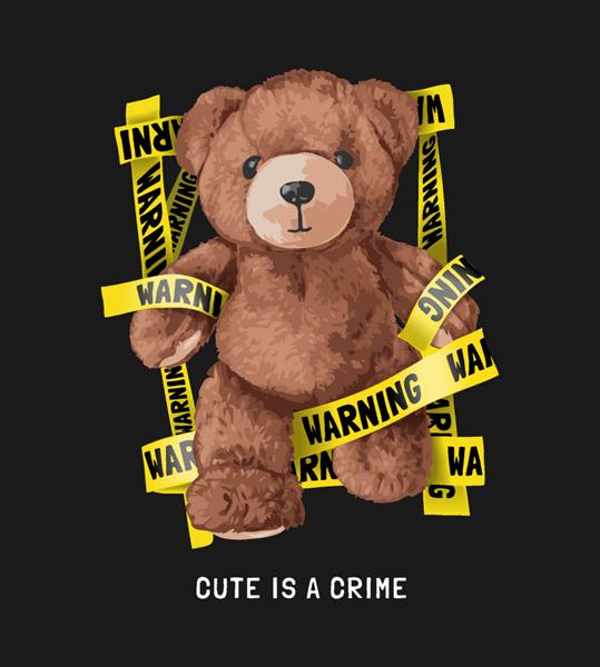 cute یک شعار جنایی با عروسک خرس با تصویر وکتور نوار زرد در حال کاهش در پس زمینه سیاه است