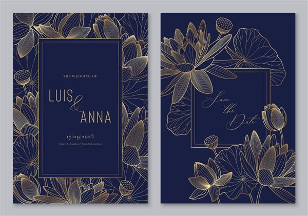 قالب لوکس لوتوس برای دعوت عروسی طرح گل با زنبق و برگ وکتور پوستر جشن تاریخ عروسی قاب طلایی و گل های خطی کارت های تزئینی