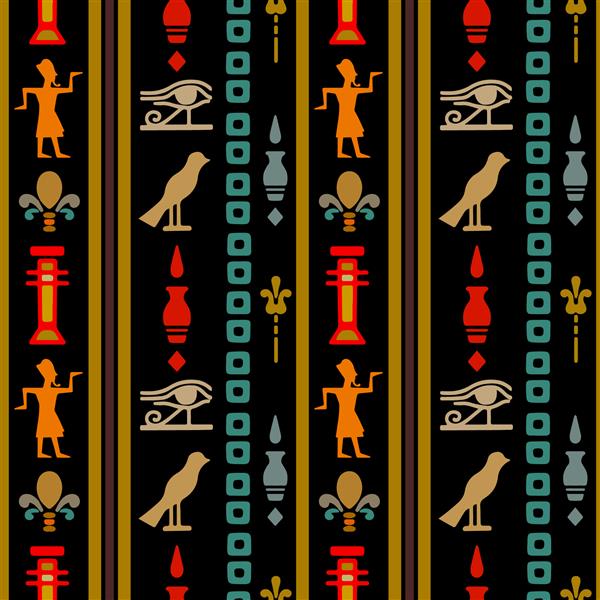 الگوی بدون درز مصری با چشم هوروس فرعون گل پرنده هیروگلیف مصر هنر قبیله ای تکرار بافت پس زمینه طراحی لباس کاغذ دیواری