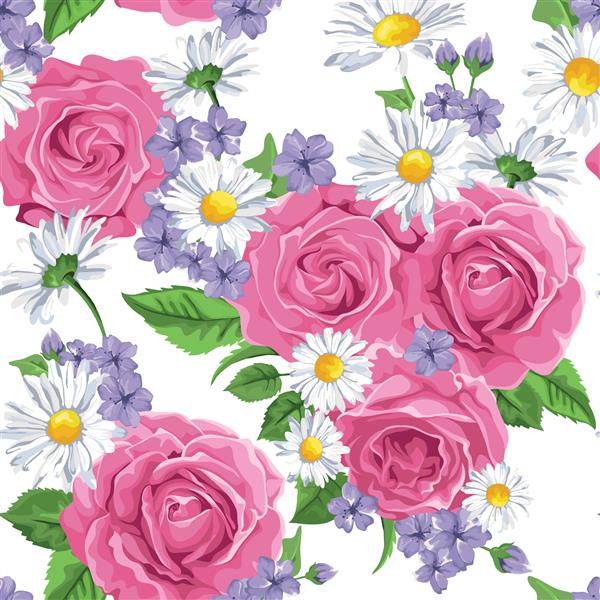 الگوی بدون درز با گل رز تصویر وکتور پس زمینه تابستان وکتور گل برای روز مادر گل رز بابونه و گل وحشی