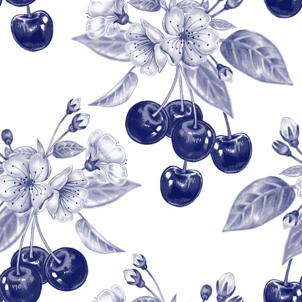 وکتور پس زمینه بدون درز شاخه ای از شکوفه های گیلاس طراحی برای پارچه منسوجات کاغذ کاغذ دیواری وب زیور گل سیاه و سفید