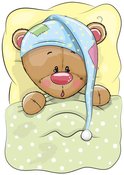 کارتونی زیبا خرس عروسکی خوابیده با کلاه در تخت